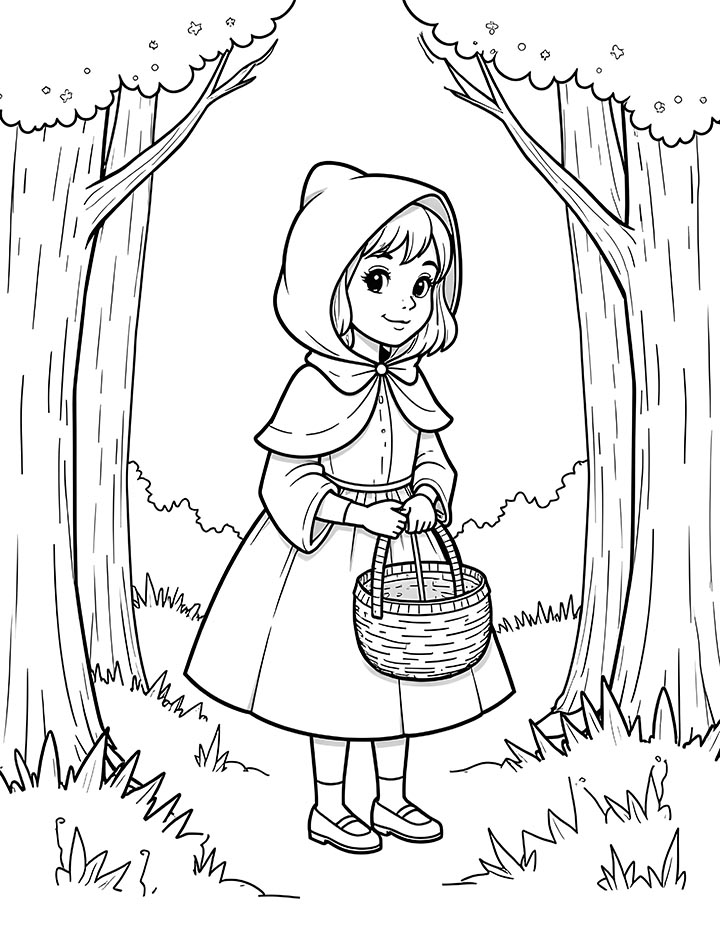 Little Red Riding Hood in the forest coloring page